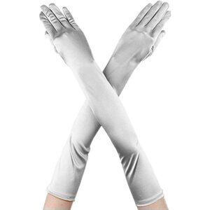 Women's Silver Full Finger Mittens Elbow Spandex Satin Long Sleek Evening Gloves